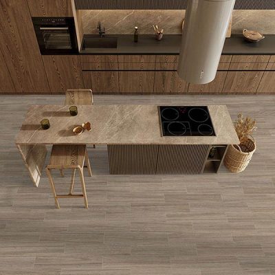 Modern brown wooden kitchen interior, dining area. Furnished by table and chairs for eating. Parquet floor. High quality 3d rendering illustration, top view.